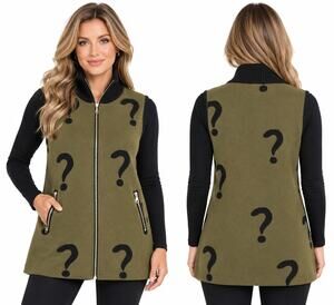 ANGEL Apparel Vest Womens M Olive Black Question Mark Zip Mock Neck Longline
